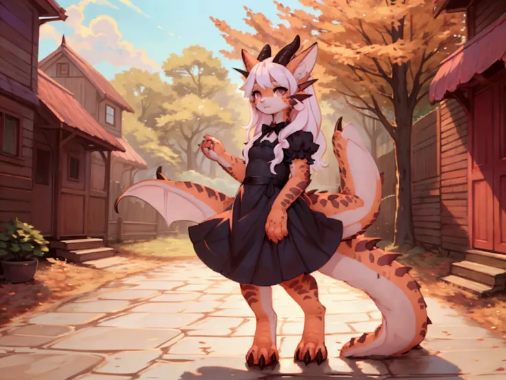 ((((full body)))), young dragon neko girl wearing red and black and pink lolita dress, her skin is dark color dragon scales, she has long fluffy cat tails, she has point cat ears, beautiful cymophane eyes