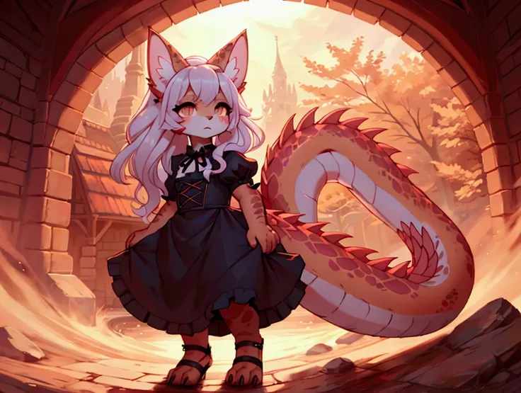 ((((full body)))), young dragon neko girl wearing red and black and pink lolita dress, her skin is dark color dragon scales, she has long fluffy cat tails, she has point cat ears, beautiful cymophane eyes