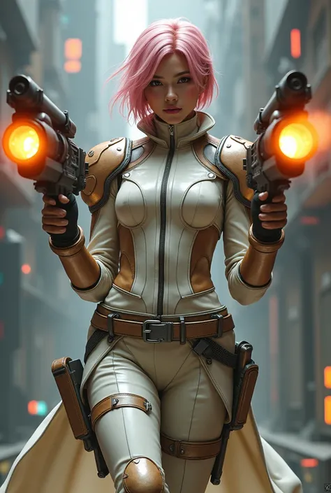 A futuristic cybernetic A indonesian woman as lightning from final fantasy with pink, shoulder-length hair styled asymmetrically, wear a white military-style jacket with beige and brown accents. a high collar, metal buckles, and intricate armor pieces, a b...