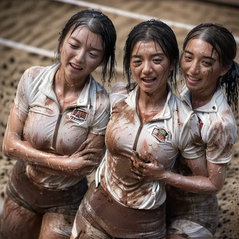 (Plain white very tight short sleeved dirt stained volleyball uniform with white half zip:1.7)、(A large, dirt-stained, white, square collar: 1.6)、(Red clay ground:1.5)、My hair is wet and messy、(Cute Japanese woman covered in dirt:1.7)、Best Quality, masterp...