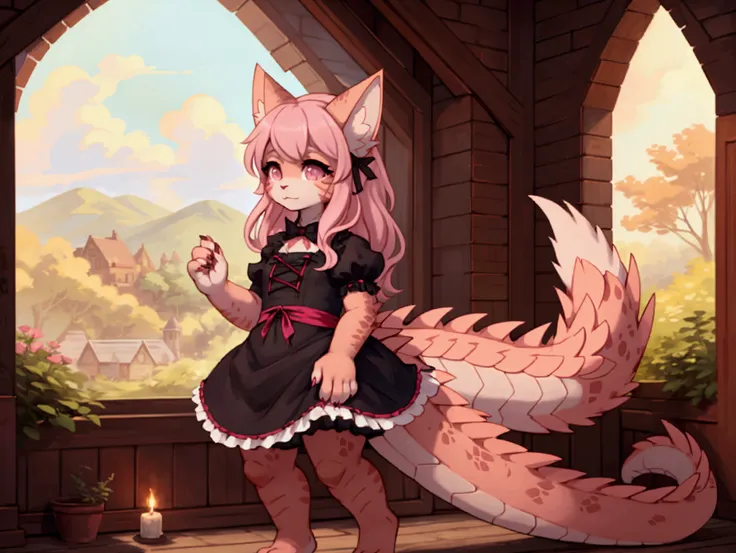 ((((full body)))), young dragon neko girl wearing red and black and pink lolita dress, her skin is dark color dragon scales, she has long fluffy cat tails, she has point cat ears, beautiful cymophane eyes