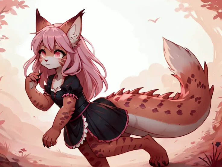 ((((full body)))), young dragon neko girl wearing red and black and pink lolita dress, her skin is dark color dragon scales, she has long fluffy cat tails, she has point cat ears, beautiful cymophane eyes