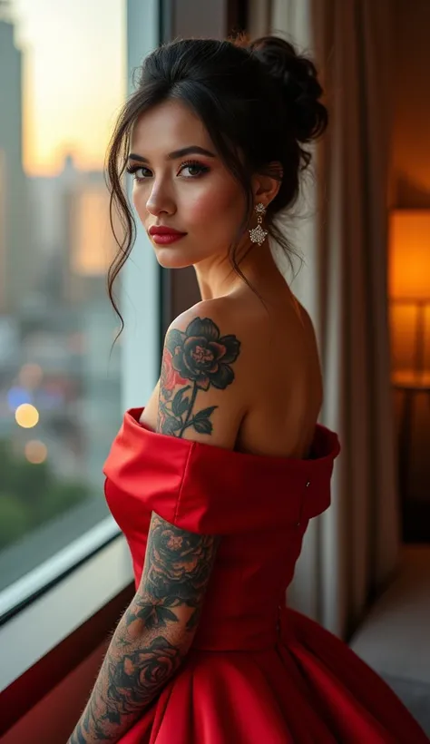 A high-resolution portrait of a stunning woman in an elegant off-shoulder red gown, framed against a cityscape through a window. Her sophisticated hairstyle, an intricate bun with strands gently framing her face, complements her detailed floral tattoo enve...