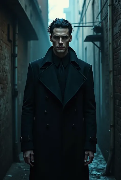 Handsome man, des cernes naturels sous les yeux et la peau pâle. Elegance et froideur. Raven black hair with midnight blue highlights. Hair slicked back and smooth. Des yeux noirs profond. Standing in a dark alley with crime scene cleaning equipment.