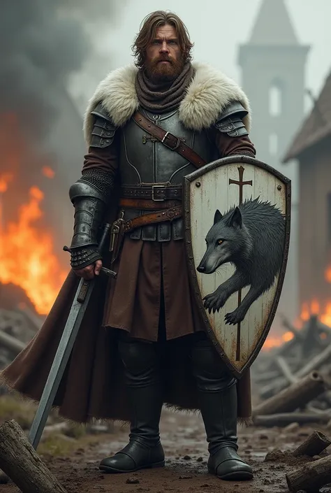 Fantasy. Medieval. Very realistic. Village burning in the background. Dead bodies around. A man in his early 30s, around 6ft tall, brown haired with a long face and grey eyes. He looks weary while holding a longsword in his right hand and a medieval shield...