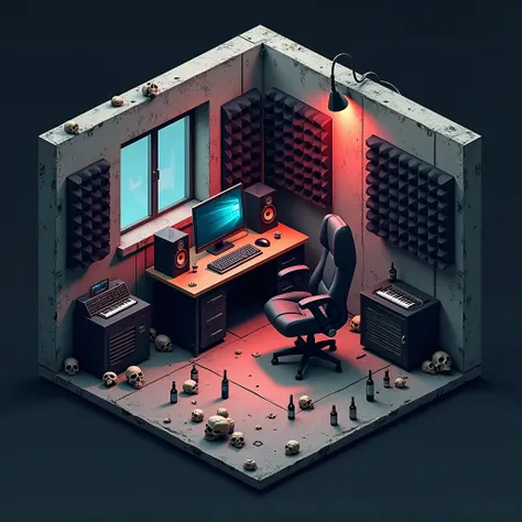 Isometric recording studio, from above, It contains one table with one laptop and two gaming chairs., one small window behind the table, the walls are very worn and there is black acoustic foam hanging on them all, There are many skulls scattered around, T...