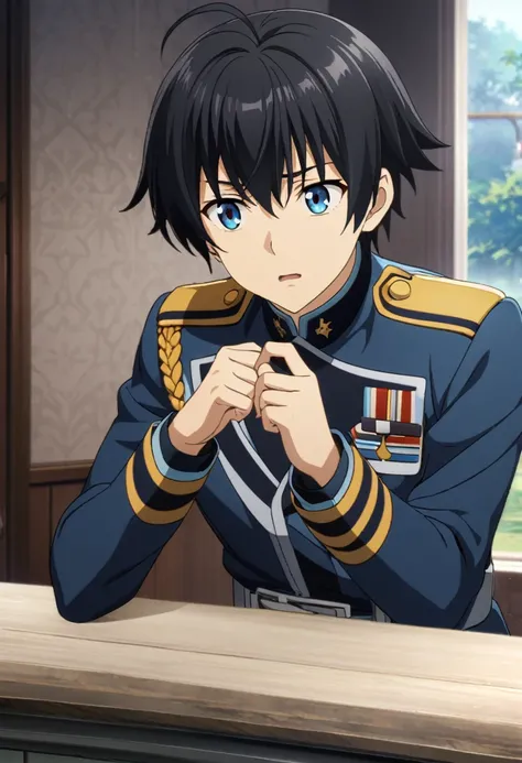 1boy, short hair, black hair, ahoge hair, blue eyes, blue militar uniform, CG, screenshot, 175cm