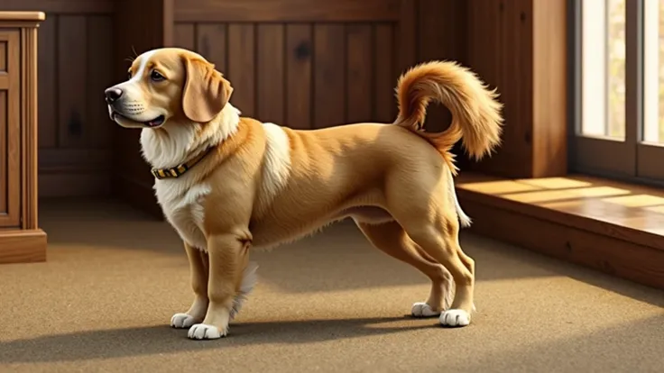 Picture in 3D. Dog breed Retriever. His coat was predominantly golden in colour with light tan markings on his thighs., lives, buttocks and the inside of the tail. Thick undercoat. The wool was soft, not too thick, in places curly. The tail was slightly cu...