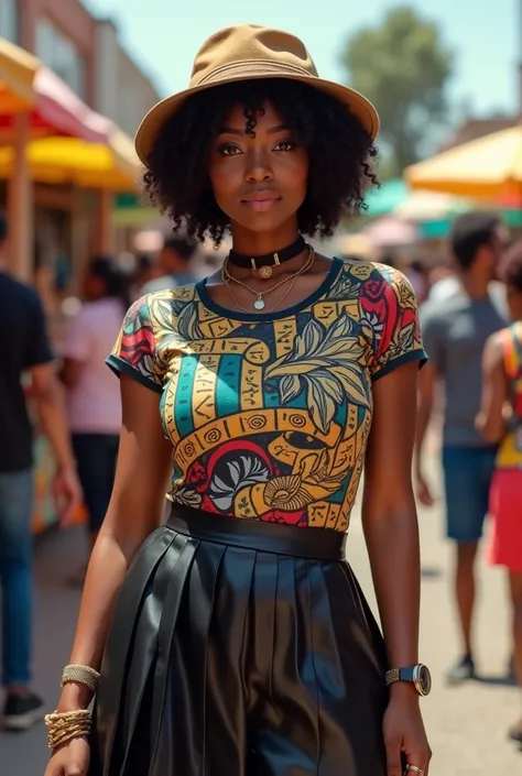 A curvaceous Black woman wearing a fitted AMIRI graphic tee with bold, abstract patterns, tucked into a pleated leather skirt that flares slightly at the waist, paired with sneakers. She’s accessorized with a choker necklace and a bucket hat. Her hair is s...