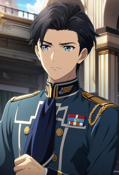 1man, short hair, black hair, ahoge hair, blue eyes, handsome, blue militar uniform, colonel, CG, screenshot, 175cm