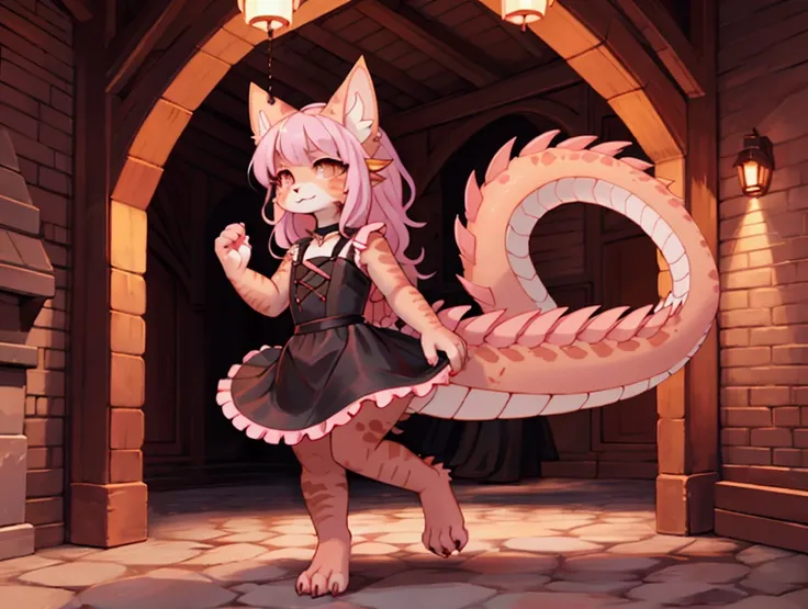 ((((full body)))), young dragon neko girl wearing red dress,black dress, pink lolita dress, her skin is dark color dragon scales, she has long fluffy cat tails, she has point cat ears, beautiful cymophane eyes