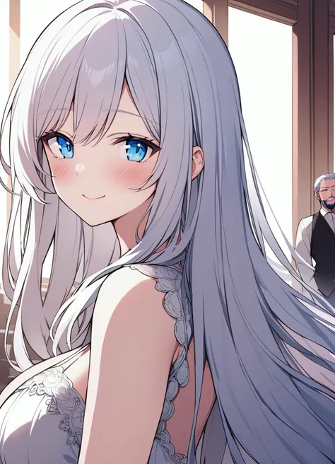 High resolution, long hair, white hair, Very long hair, big breasts, smile, blush, blue eyes, closed mouth, Facial hair, foreground, 