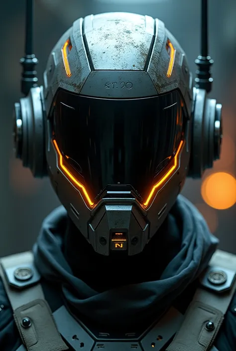 Closeup shot of a guard wearing full face cyberpunk helmet with coms array and LED at jaw level