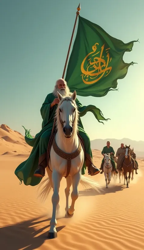 A man in flowing green robes rides a white horse across a desert landscape. He carries a large green banner with Arabic calligraphy. A small group of riders on horseback follow him, also carrying green banners. The sun is low in the sky, casting long shado...