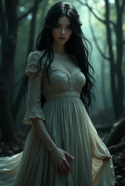 (photorealism:1.2), beautiful woman, long black hair, white dress, long dress, victorian dress, dark fantasy, shadow, wood