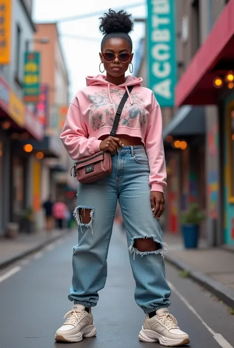 A curvaceous Black woman wearing a cropped, fitted GIVENCHY hoodie in pastel pink with an abstract print, paired with high-waisted, distressed mom jeans and trendy chunky sneakers. She’s accessorized with a fanny pack worn crossbody and oversized round sun...