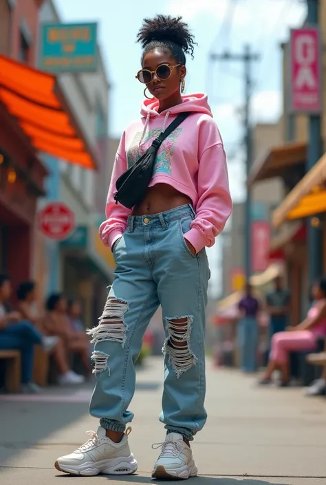 A curvaceous Black woman wearing a cropped, fitted GIVENCHY hoodie in pastel pink with an abstract print, paired with high-waisted, distressed mom jeans and trendy chunky sneakers. She’s accessorized with a fanny pack worn crossbody and oversized round sun...