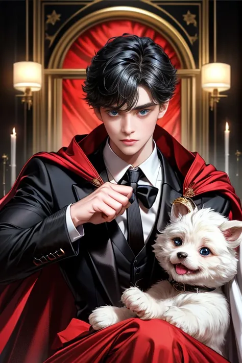 masterpiece, 最high quality, high quality, 1 boy, alone, Male focus, Upper Body,Watching the audience, Messy black hair, Adorable big blue eyes, White, Noble, Noble,A black and red cape that is bursting with sexy volume、Tuxedo、A very voluminous, large, very...