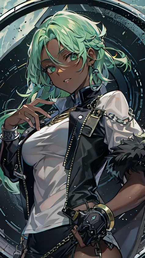 A weapon resembling a wheel with a chain,Dark Skin,Best Quality, Textured skin, Light green hair, Black fur jacket draped over shoulders,Anime Style, Character portrait, Sensual,Glossy lips,Muscular Woman