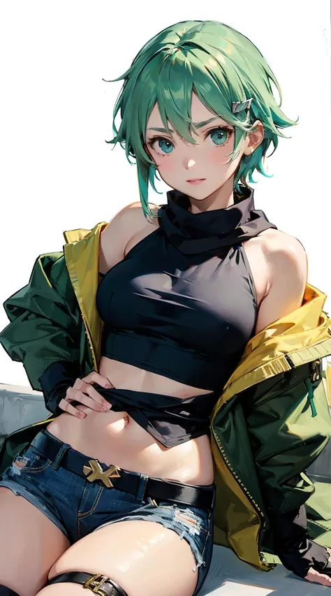 1girl, sinon, sword art online, short hair, aqua hair, aqua eyes, scarf, fingerless gloves, long sleeves,micro denim shorts, hair ornament, hairclip, green thighhighs, green jacket, thigh strap, serious, lie on one’s stomach, (masterpiece:1.2), (best quali...