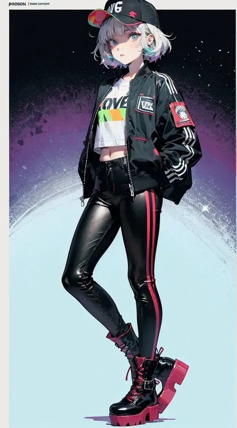 portrait, face, arms behind back, An anime girl with high-fashion streetwear, wearing a designer bomber jacket, tight leather pants, and platform boots. Her hair is styled in sleek, straight lines, and she has futuristic-looking accessories like a visor an...