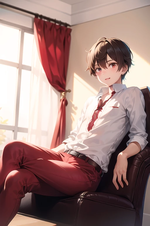 a boy sitting in a living room, wearing a white sleeve shirt and red lace fabric, cute+soft, best quality