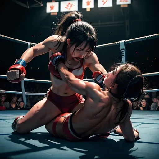 two muscular japanese high school girl fighters, both with defined six-pack abs and small chests, are engaged in an intense batt...