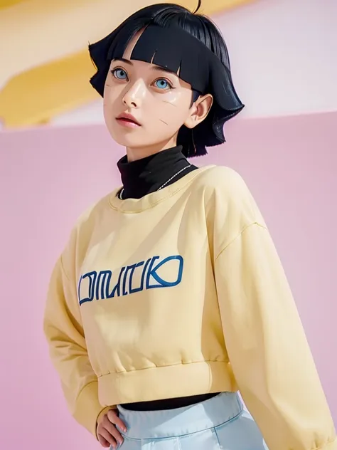 uzumaki hinawari standing stylish,very beautiful  tiktok video, talking , very cute features, cute features, 8 k ultra realistic...