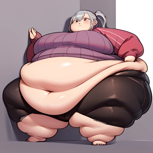 Highest quality,High resolution,Extremely obese women,Very fat lump, Gray Hair,sweater,Very large, A flabby belly that hangs down to the knees, Huge belly,[Fat Belly,Very thick thighs,Big swollen ass,Very large arms,Too heavy to move
