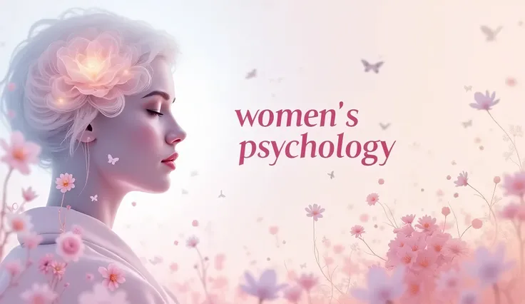 Create an image that reflects the main theme of womens psychology and self-development. Use calm, pleasant colors such as soft shades of pink, lavender or pastel blue. Depict a silhouette of a female figure or a face with a pensive expression, surrounded b...