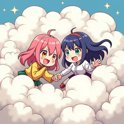  idols playfully wrestling with each other inside a comical fight cloud.
each idol has different  colored hair.
their faces,hands,and feet are visible emerging from the cloud as they tussle humorously,  with the rest of their bodies completely hidden insid...