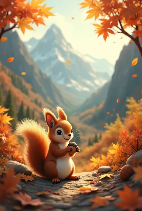 In the mountains of autumn leaves、Squirrel eating an acorn