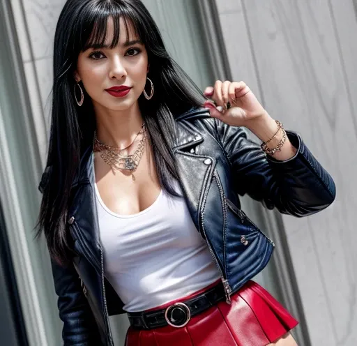 1 woman 30 years old, One, long straight black hair, clap,I look at the viewer, Detailed eyes, shy smile,jewelry, medium breasts, earrings,belt,( blue long leather jacket )over a tight red t-shirt,Mini-skirt,transparent white tights,Necklace, bracelet, lip...