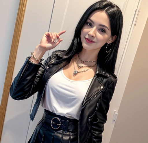 1 woman 30 years old, One, long straight black hair, clap,I look at the viewer, Detailed eyes, shy smile,jewelry, medium breasts, earrings,belt,( blue long leather jacket )over a tight red t-shirt,Mini-skirt,transparent white tights,Necklace, bracelet, lip...