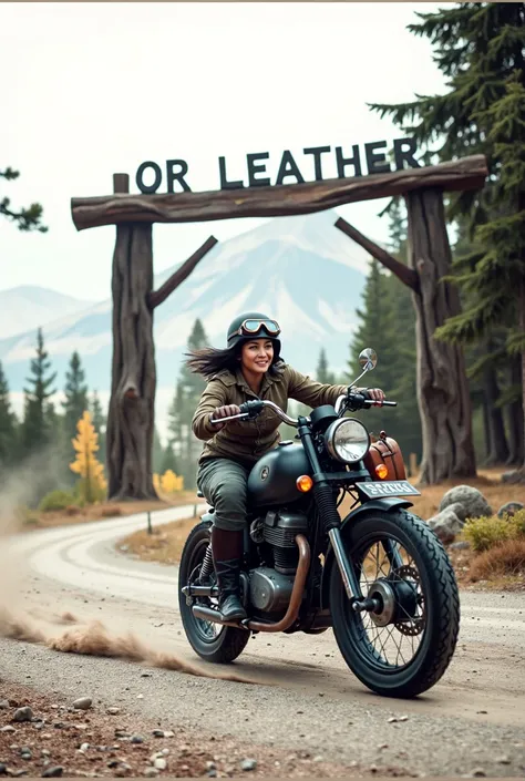 After passing through a large wooden arch with the words OR LEATHER written in capital letters、Beautiful and attractive smiling woman with short dark hair in vintage helmet、goggles、Military jacket、Cargo pants、Gloves、Wearing boots、A sturdy motorcycle with b...