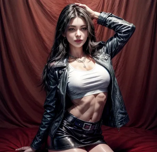 1 woman 30 years old, One, long straight black hair, clap,I look at the viewer, Detailed eyes, shy smile,jewelry, medium breasts, earrings,belt,( blue long leather jacket )over a tight red t-shirt,Mini-skirt,transparent white tights,Necklace, bracelet, lip...