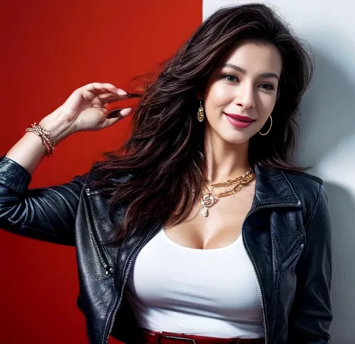 1 woman 30 years old, One, long straight black hair, clap,I look at the viewer, Detailed eyes, shy smile,jewelry, medium breasts, earrings,belt,( blue long leather jacket )over a tight red t-shirt,Mini-skirt,transparent white tights,Necklace, bracelet, lip...