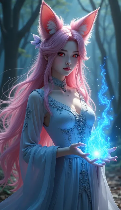 night,In the forest,Chinese Nine-tailed Fox Woman,red eyes,Long flowing pink hair,Furry and cute fox ears,Big breasts,clothing design,Sophisticated and elegant design clothing,Hanfu,Hands showing blue flames,blue flame visual effects,magic visual effects,c...