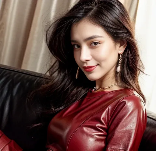 1 woman 30 years old, One, long straight black hair, clap,I look at the viewer, Detailed eyes, shy smile,jewelry, medium breasts, earrings,belt,( red leather jacket )over a tight red t-shirt,Mini-skirt,transparent white tights,Necklace, bracelet, lips,((dy...