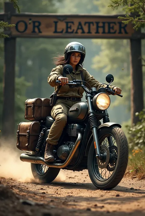 After passing through a large wooden arch with the words OR LEATHER written in capital letters、Beautiful and attractive smiling woman with short dark hair in vintage helmet、goggles、Military jacket、Cargo pants、Gloves、Wearing boots、A sturdy motorcycle with b...