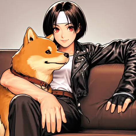 Please make a Japanese woman in her 20s. She is wearing ((black leather jacket with rolled up sleeves)), fingerless gloves, ((white headband)), white T-shirt, ((petting a medium size Shiba Inu)), black pants, white shoes, brown belt, short hair, black hair...