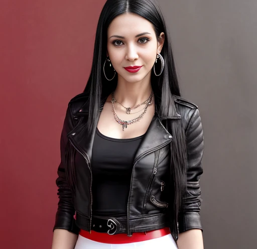 1 woman 30 years old, One, long straight black hair, clap,I look at the viewer, Detailed eyes, shy smile,jewelry, medium breasts, earrings,belt,( red leather jacket )over a tight red t-shirt,Mini-skirt,transparent white tights,Necklace, bracelet, lips,((dy...