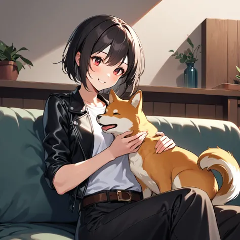 Please make a Japanese woman in her 20s. She is wearing ((black leather jacket with rolled up sleeves)), fingerless gloves, ((white headband)), white T-shirt, ((petting a medium size Shiba Inu)), black pants, white shoes, brown belt, short hair, black hair...