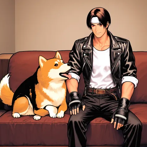 Japanese male in his 20s please. She is wearing ((black leather jacket with rolled up sleeves)), fingerless gloves, ((white headband)), white T-shirt, ((petting a medium size Shiba Inu)), black pants, white shoes, brown belt, short, black hair, red eyes, k...