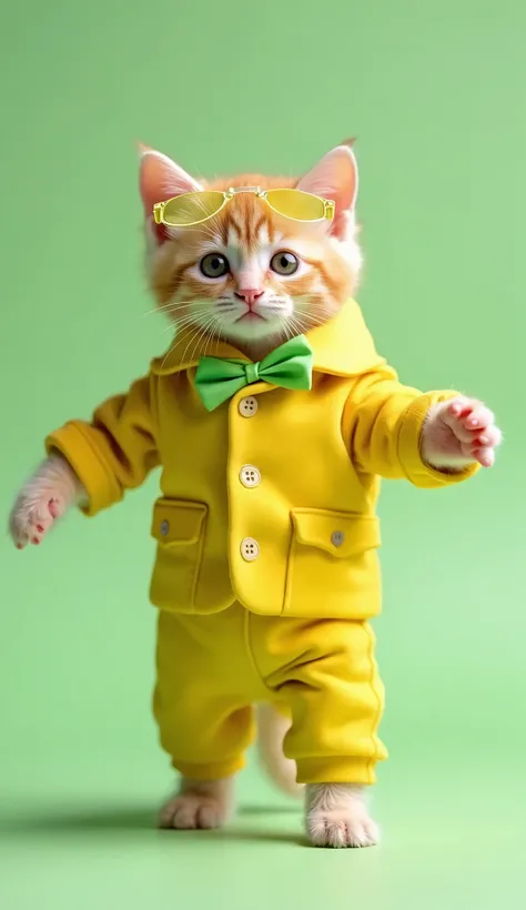 He is wearing a yellow-green suit and standing with his arms straight out to the sides.　After birth６Month-old kitten　Real　８k Raw image　Wearing clear yellow-green glasses