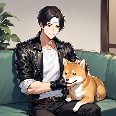 Japanese male in his 20s please. She is wearing ((black leather jacket with rolled up sleeves)), fingerless gloves, ((white headband)), white T-shirt, ((petting a medium size Shiba Inu)), black pants, white shoes, brown belt, short, black hair, red eyes, k...