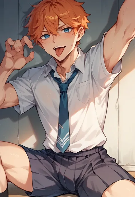 Omega teenage boys wearing Japanese school uniforms, have blue eyes, Orange hair, has a tongue that is very tempting to insert a man&#39;s sword.The teenager stuck out his tongue with a love-struck look in his eyes as if he wanted to make love.