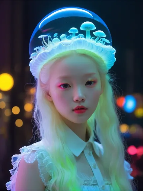 neon, 发光的neon玻璃制成的招牌，透明neon材质，Gross，Learn more about refraction，Albino Girl，Two Bearded Jellyfish on the Head, double bun, Long Hair Doll，(发光neon线制成的长裙:1.5)，Renaissance，Baroque，psychedelic，romantic，neonパレット, Light color, 1nhdg1