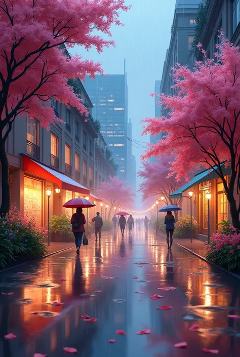 A colorful street scene on a rainy day. The wet pavement reflects the building windows and street lamps. Pink blossoms on the trees and colorful flowers on the side. Warm glow