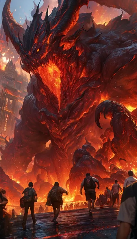 (a gigantic lava demon),highly-detailed,lurking over a city,people running,hyper-detailed,hyper-realistic, masterpiece:1.2, highres, ultra-detailed, realistic:1.37, HDR, UHD, professional, vivid colors, bokeh, oil painting, dark fantasy, vibrant color pale...